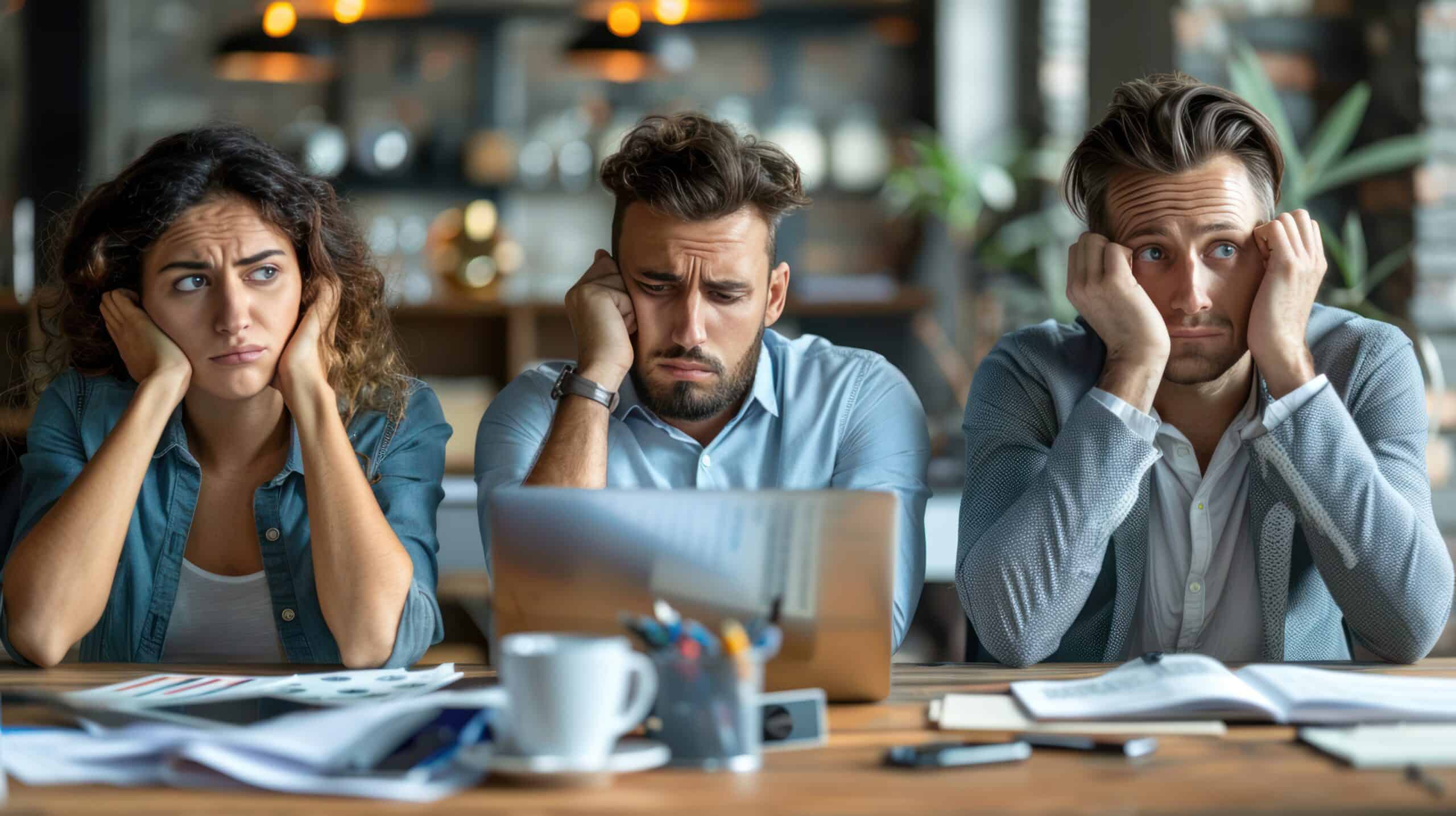 3 Menschen sitzen an einem Tisch und gucken unzufrieden und genervt
