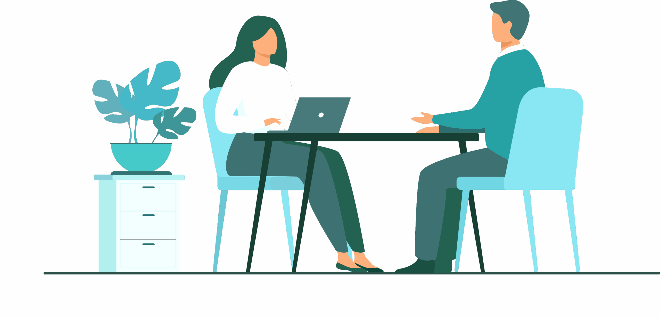 Illustration von zwei Personen im Gespräch am Tisch – symbolisch für professionelles Coaching und persönliche Entwicklung