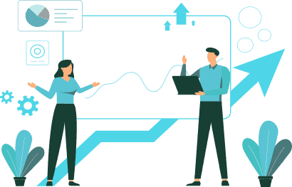 Zwei Businesspersonen analysieren gemeinsam Daten vor einem Dashboard – symbolisiert datengetriebene Entscheidungsfindung im Consulting