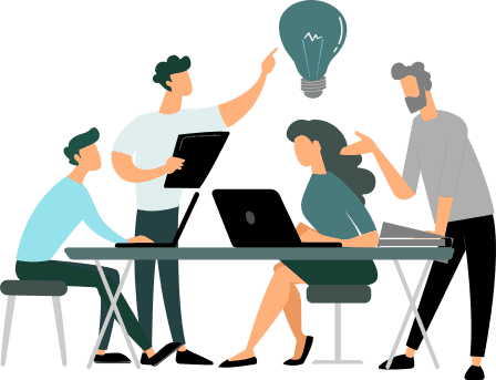 Illustration von vier Personen im Ideenaustausch am Tisch, sinnbildlich für kreative Gruppenprozesse in Workshops